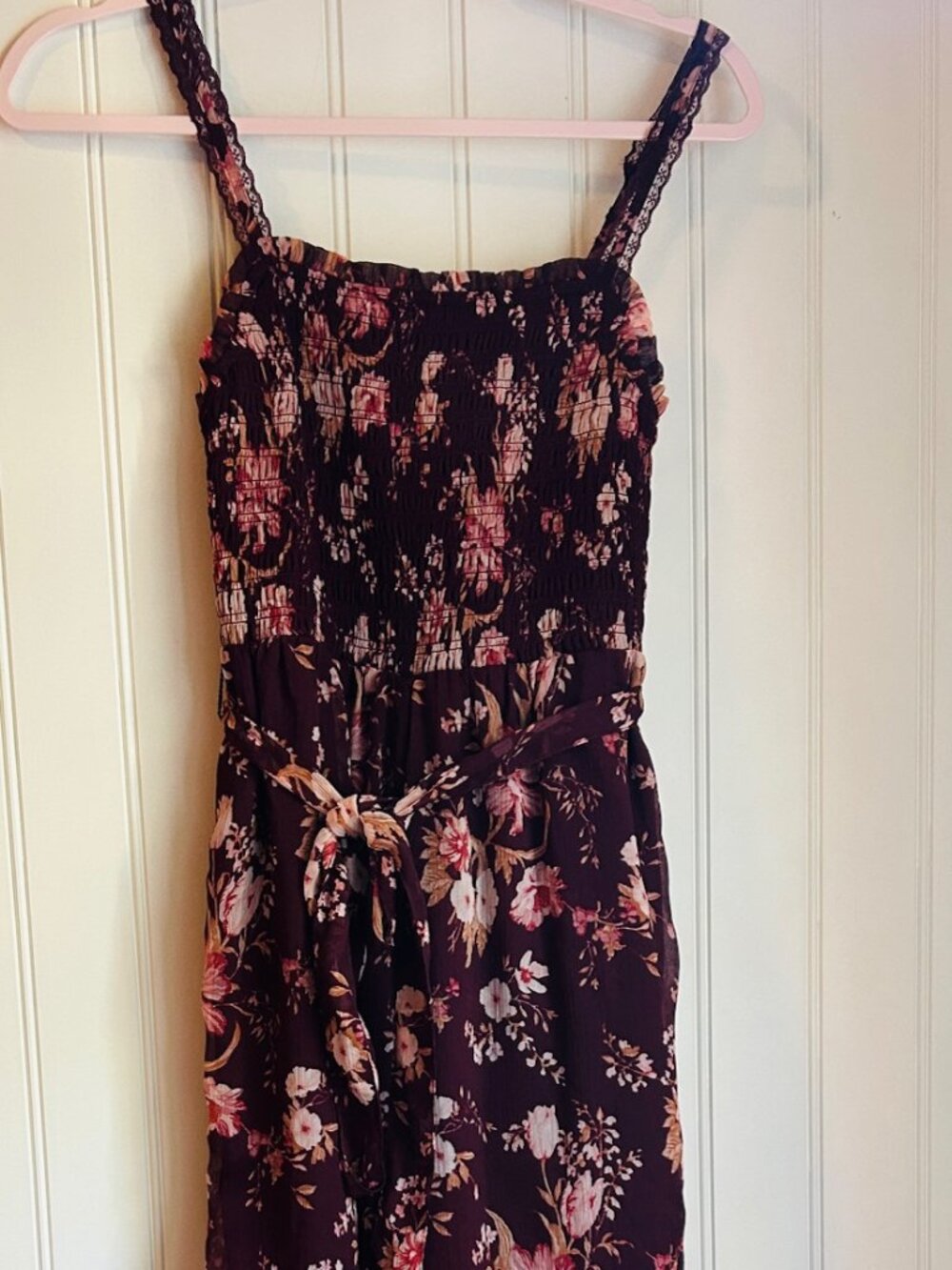 NEW American Eagle AE Printed Tie-Waist Harem Jumpsuit Floral Burgundy XS